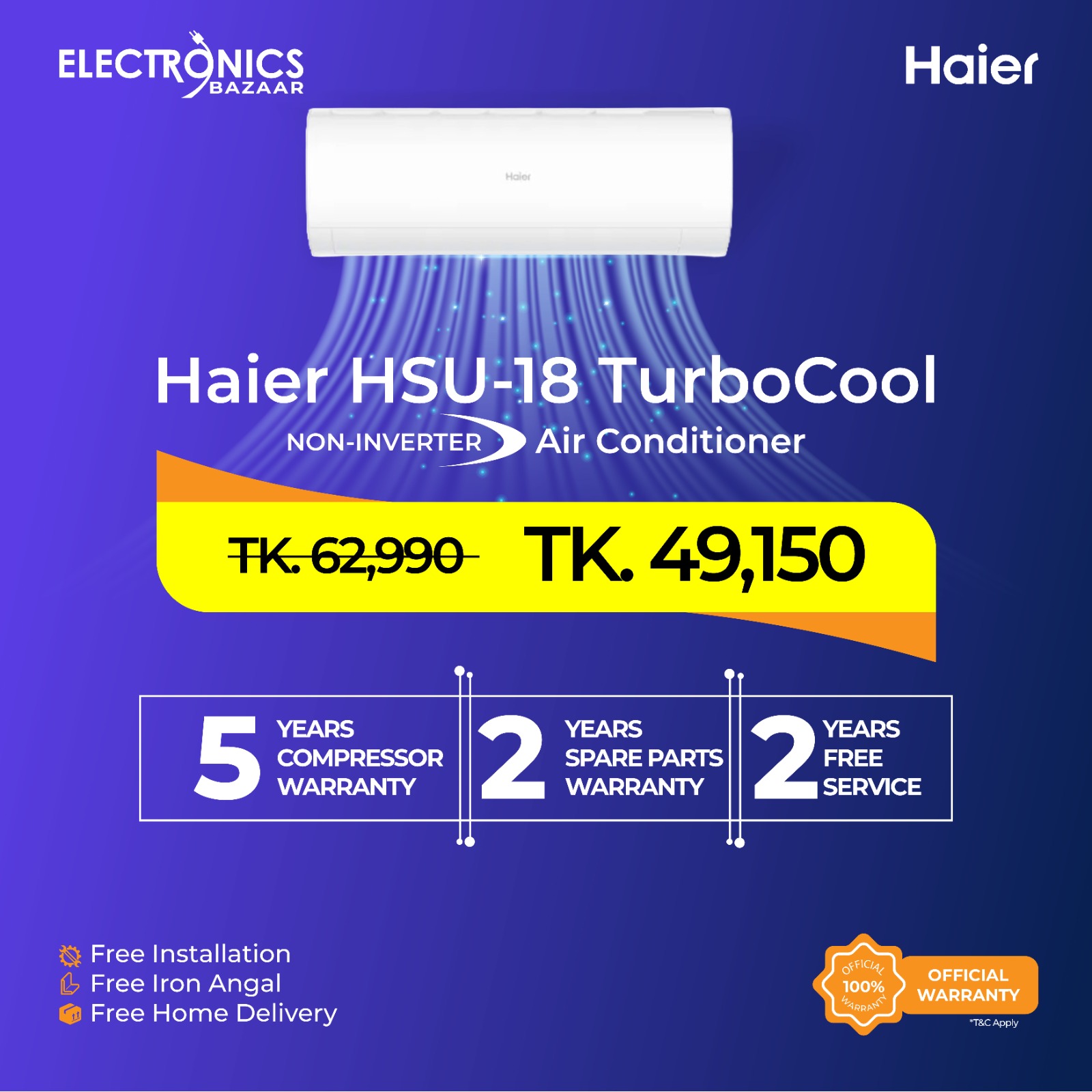 Haier 1.5 Ton Hsu-18Turbo Cool Split Type Non-Inverter Air Conditioner